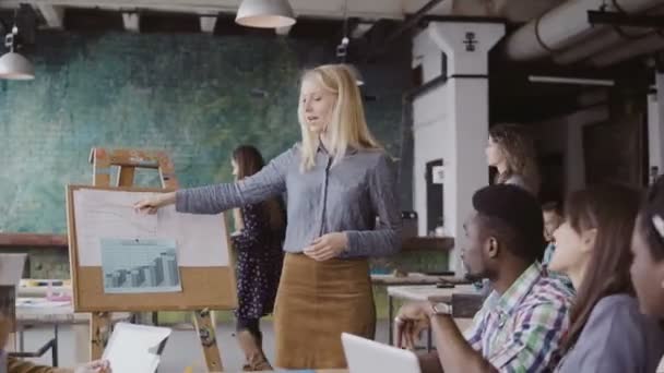 Une jeune gérante blonde motive ses collègues de race mixte à travailler. Le chef d'équipe présente les données financières au bureau du loft . — Video