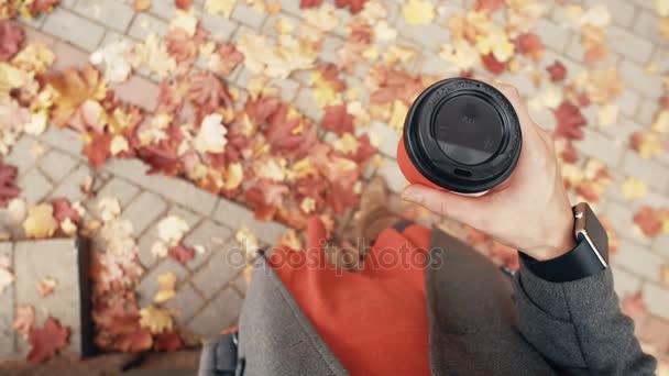 Осень. Вид сверху молодой стильной женщины с умными часами, пьющей кофе. упали красивые кленовые листья 4k — стоковое видео