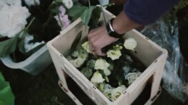 El görünümünü yakın çekim çiçek kutusundan söndürür ve buket yapar. Kadın süslemeleri yapar.