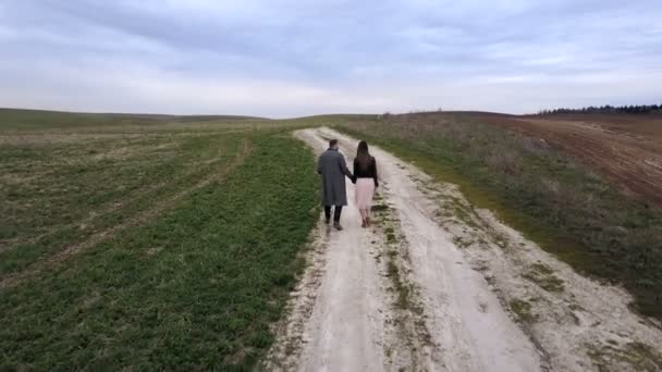 Tânărul şi femeia trec prin mediul rural. Vedere aeriană, dronă care zboară peste un cuplu care merge pe teren. Vedere înapoi . — Videoclip de stoc