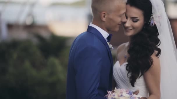 Heureux jeunes mariés câlins à l'extérieur dans la nature. Beau marié et mariée baisers, passer tendrement du temps ensemble seul . — Video