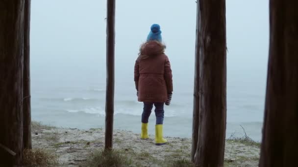 Πίσω όψη του κοριτσάκι σε λαστιχένιες μπότες στέκεται στις ακτές του ωκεανού και να ψάχνει στα κύματα. Παιδί σε ομίχλη και κρύο μέρα. — Αρχείο Βίντεο