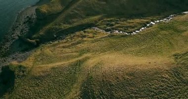 Vahşi dağlar Nehri'nin havadan görünümü vadide akar. İzlanda'daki yeşil alanlar üzerinde uçan helikopter.
