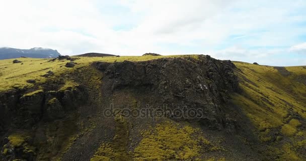 绿色的熔岩场的苔藓覆盖的颠簸的鸟瞰图。无人驾驶飞机飞过山和在冰岛的悬崖. — 图库视频影像
