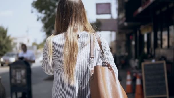 Visão traseira da jovem bela mulher caminhando pelo centro da cidade em Nova York, América. Movimento lento . — Vídeo de Stock