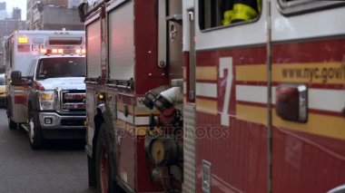 Yangın araç ve yol üzerinde duran polis görmek. Siren ışık yanıp sönen ile acil servis.