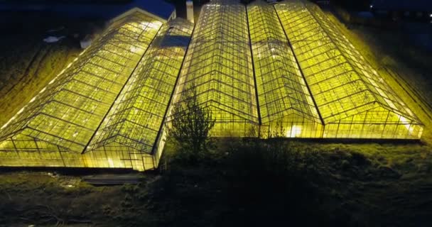 Vista aerea di un sacco di serra al di fuori della città splendente nella notte buia. L'elicottero sorvola l'azienda agricola biologica . — Video Stock