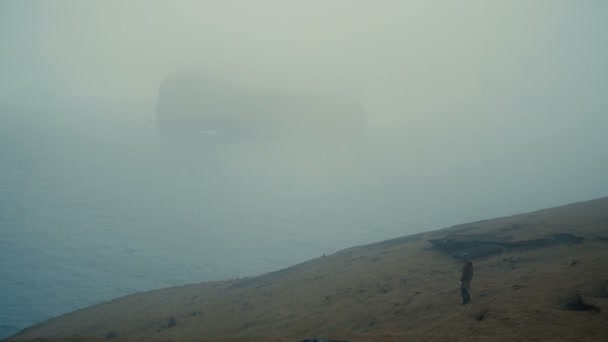 Jeune femme marchant dans le champ au bord de la mer et réfléchissant, explorant la nature de l'Islande . — Video