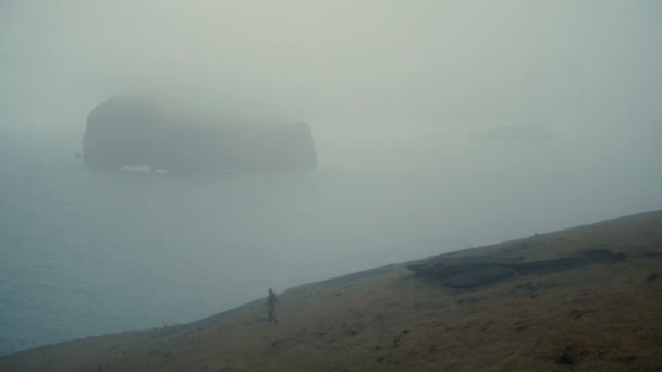 Bela paisagem na Islândia. Jovem caminhando na margem do mar e explorando os novos lugares . — Vídeo de Stock