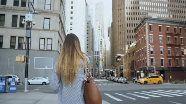 Jonge stijlvolle zakenvrouw kruising de weg in financieel district van New York, Amerika. Slow motion. — Stockvideo
