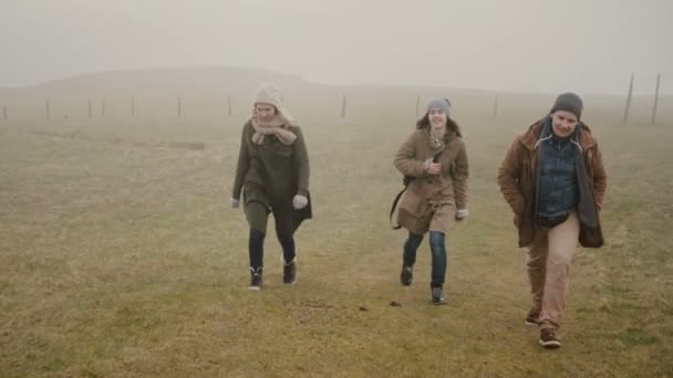 Amigos caminhando juntos no dia nebuloso. Dois homens e mulheres explorando a Islândia juntos, desfrutando da natureza . — Vídeo de Stock