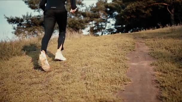 In Zeitlupe geht es bergauf in einen Wald. Rückansicht mit niedrigem Winkel. Junge Athletin erkundet herbstliche Landschaften. — Stockvideo