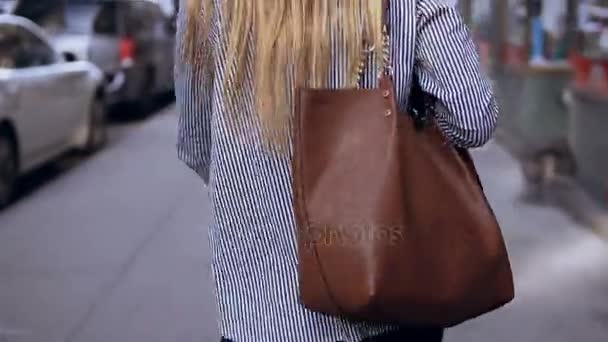 Vista trasera de la joven hermosa mujer con bolso caminando en el centro de la ciudad de Nueva York, América, explorando la ciudad . — Vídeos de Stock