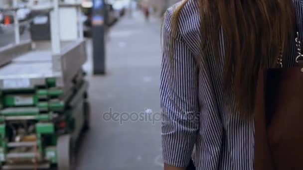 Vista trasera de la joven hermosa mujer caminando por el centro de Nueva York, América, el centro de la ciudad . — Vídeos de Stock