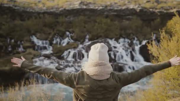 Back view of young traveling woman raising hands up and enjoying the beautiful view of waterfalls in Iceland. — Stock Video