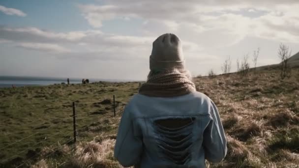 Vue arrière de la jeune femme élégante marchant à travers le champ sur la ferme de chevaux. Femme passer du temps sur la nature . — Video