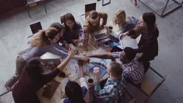 Vista superior del equipo de negocios trabajando en la oficina. Joven grupo de personas de raza mixta pone la palma juntos en el centro. Lento mo — Vídeo de stock