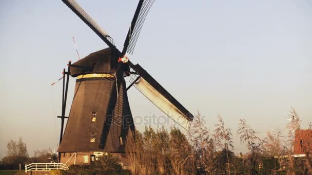 4 k traditionele oude Nederlandse rustieke windmolen werken. Nederland. Europees historisch monument. Boerderij molen draaiende langzaam. — Stockvideo