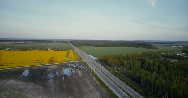Autobahn Straße im Tal mit Wald Rapsfeld. Die Drohne 4k schoss auf Autos und Lastwagen. Agrarindustrie. — Stockvideo
