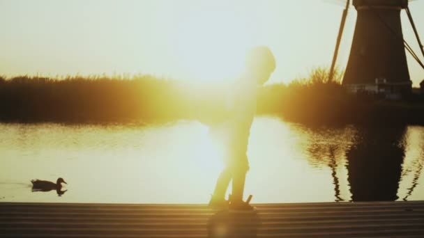 Kleine jongen speelt met een stok op zonnige pier. Silhouet geschoten. Kind genieten van zonsondergang buiten recreatie. Nederland. 4k. — Stockvideo