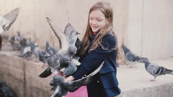 Ptáci sedí na malé dívky zbraně a jíst. Zpomalený pohyb. Krásné dítě krmení několik městské holuby z rukou. Mír. — Stock video
