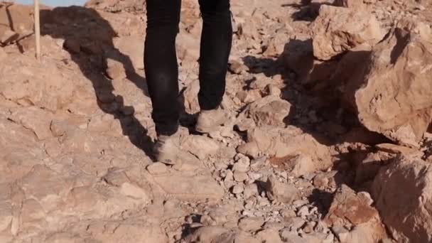 Piernas masculinas caminando sobre grandes piedras del desierto. En cámara lenta. El hombre sube a la colina rocosa del desierto. Vista trasera. Cansado y agotado . — Vídeos de Stock