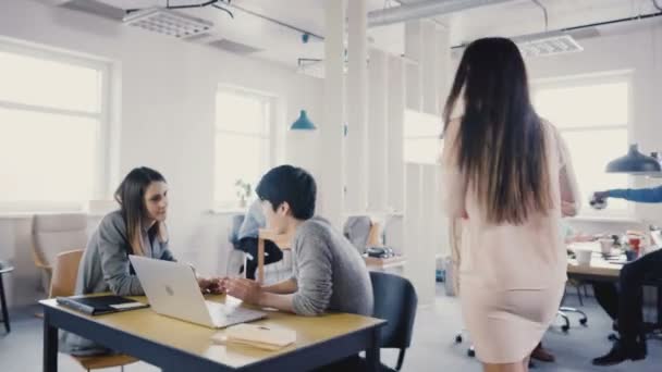 Kamera sleduje vedoucí atraktivní ženského týmu zadejte office, přijďte do mnohonárodnostní pracovníků, mluvit a podepsat dokumenty 4 k. — Stock video