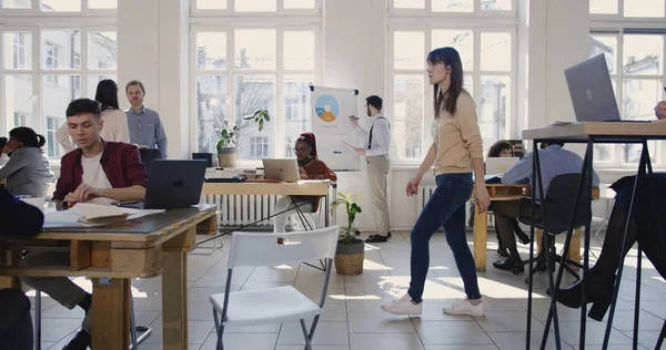 Cámara se mueve a lo largo de la oficina moderna loft luz, gente de negocios multiétnicos que trabajan en un ambiente de trabajo saludable . — Foto de Stock