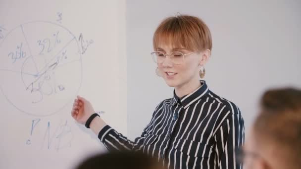 Experta financiera positiva de confianza, entrenadora de negocios que enseña a los trabajadores de oficina en un seminario moderno de capacitación en el lugar de trabajo . — Vídeo de stock