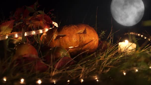 Dovleac Sculptat Halloween Înconjurat Lumini Decorațiuni Festive Lună Fundal Negru — Videoclip de stoc