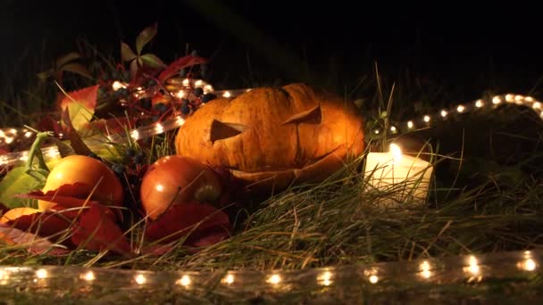 Rzeźbione Dyni Halloween Otoczony Lampki Świąteczne Dekoracje Czarnym Tle — Wideo stockowe