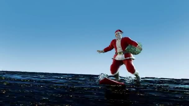 Papai Noel Surfa Sua Prancha Surf — Vídeo de Stock
