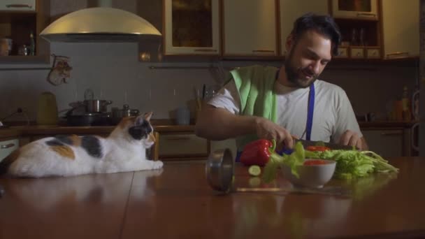 Мужчина готовит на кухне рядом с ним сидит веселая красивая кошка — стоковое видео