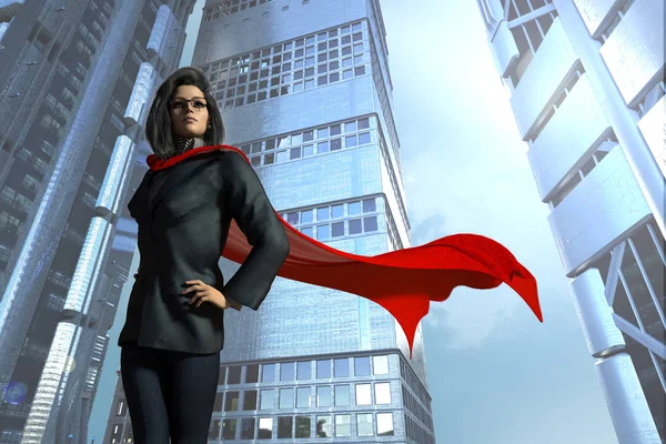 3D-s illusztráció üzleti nő öltözve egy Cape szuperhős öltönyt — Stock Fotó