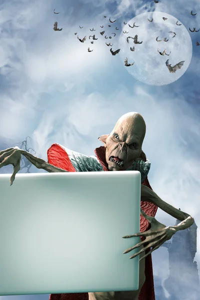 Ilustración Vampiro Zombie Divertido Drácula Mostrar Pancarta Signo Fondo Halloween — Foto de Stock