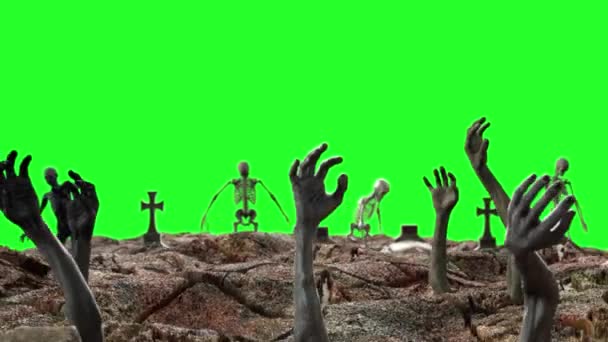 ゾンビの手し 緑の背景にハロウィーンの墓地で地面から登る — ストック動画