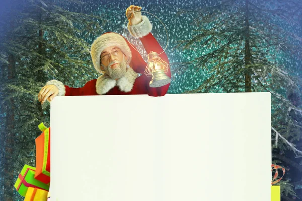 Vánoční Obrázek Santa Claus Hospodářství Lucerny Copy Dárky Vánoční Pozadí — Stock fotografie