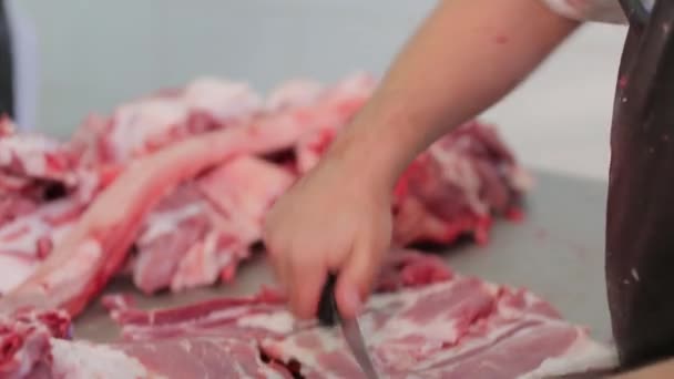 Butcher Hands Cuts Meat Closeup — Stock Video