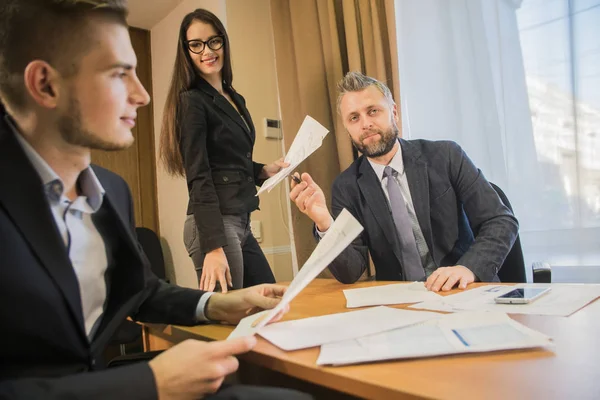 Three Confident Successful Business People Working Together Modern Office — Stock Photo, Image