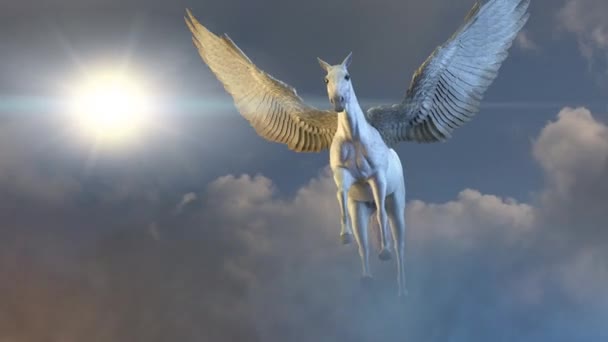 Cavalo Com Asas Pegasus Voa Contra Céu Render — Vídeo de Stock