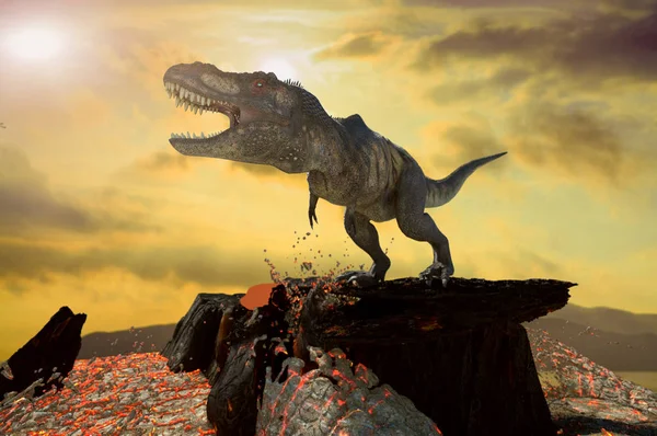 Illustrazione Tyrannosaurus Rex Sullo Sfondo Del Vulcano — Foto Stock