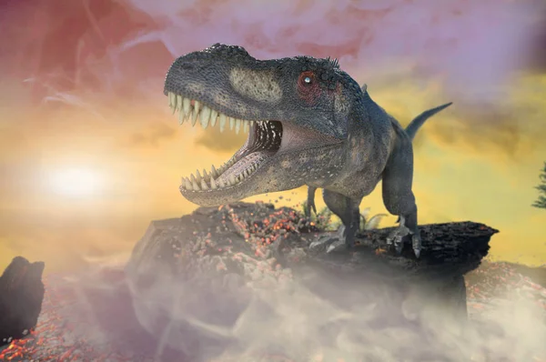 Illustrazione Tyrannosaurus Rex Sullo Sfondo Del Vulcano — Foto Stock