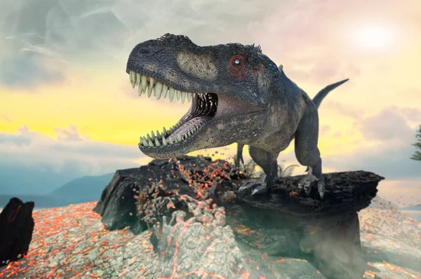 Illustrazione Tyrannosaurus Rex Sullo Sfondo Del Vulcano — Foto Stock