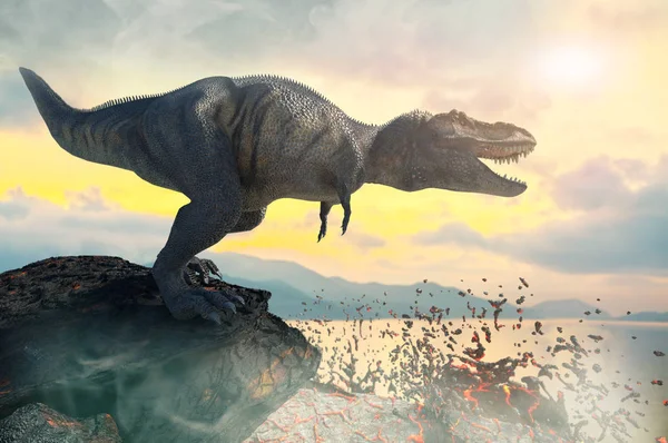 Illustration Eines Tyrannosaurus Rex Hintergrund Des Vulkans — Stockfoto
