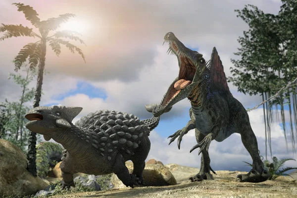 Ilustración Una Batalla Entre Dos Dinosaurios Prehistóricos — Foto de Stock