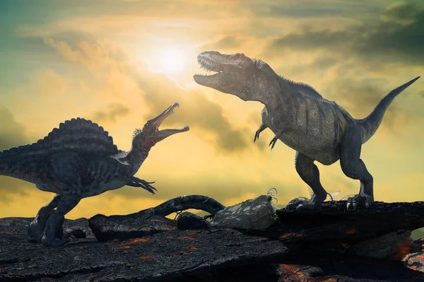 Iki Tarih Öncesi Dinozor Arasında Bir Savaş Çizimi — Stok fotoğraf