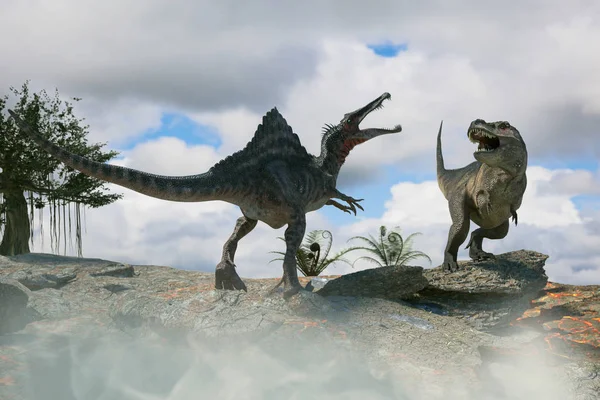Illustrazione Una Battaglia Tra Due Dinosauri Preistorici — Foto Stock
