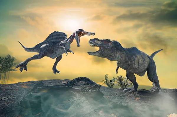 Iki Tarih Öncesi Dinozor Arasında Bir Savaş Çizimi — Stok fotoğraf