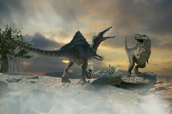 Ilustración Una Batalla Entre Dos Dinosaurios Prehistóricos —  Fotos de Stock