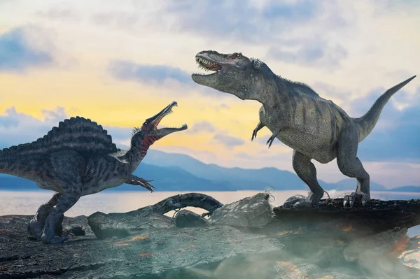 Ilustracja Bitwy Między Dwoma Prehistorycznych Dinozaurów — Zdjęcie stockowe